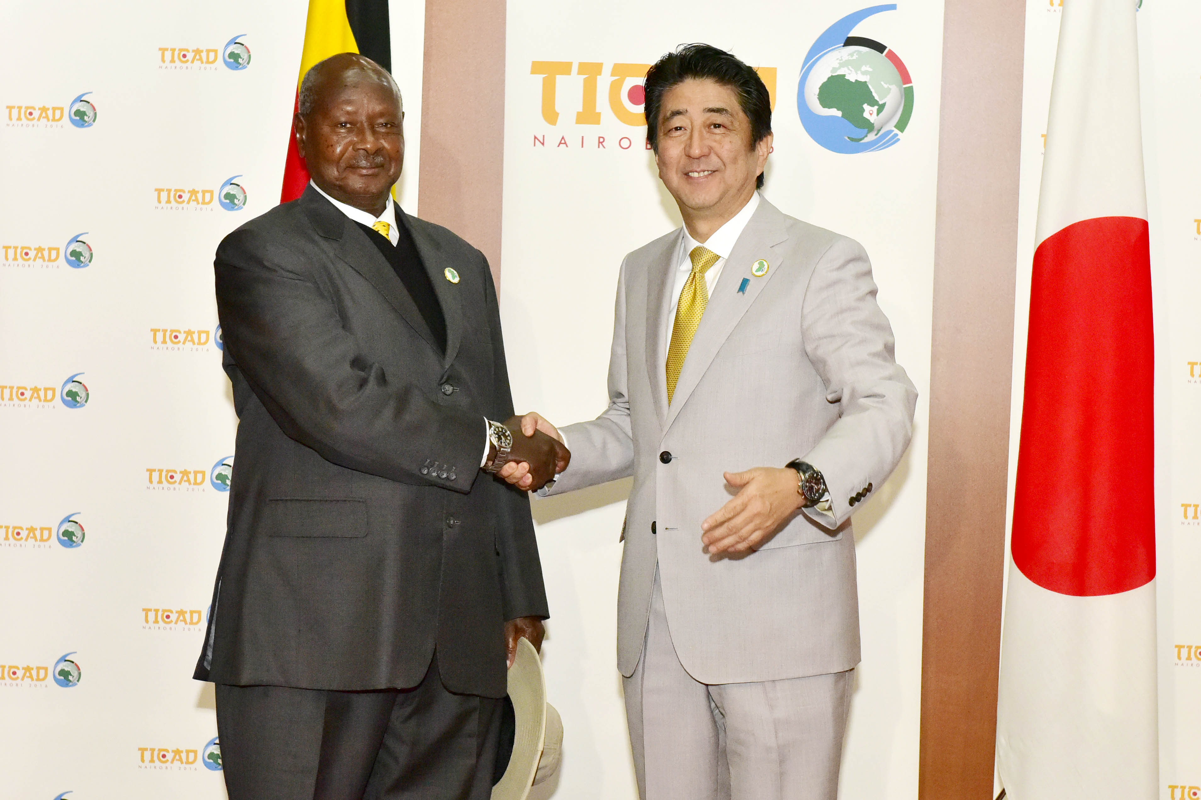 The President Yoweri Kaguta Museveni shakes hands with the Prime Minister of Japan Abey Chinzo shortly after their meeting at the on going Tokyo International Conference on African Development at Kenya International Conference Centre in Nairobi , Kenya on Sunday 28th August 2016.